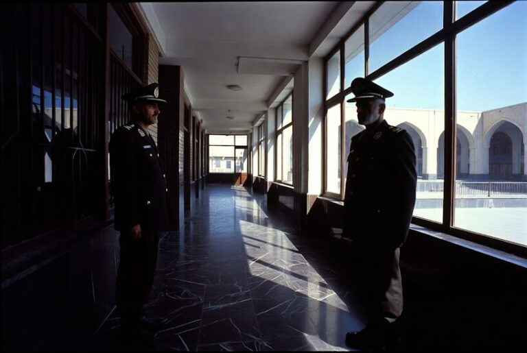 Two Iranian military officers walk on patrol along the corridor of a government building in Tehran.