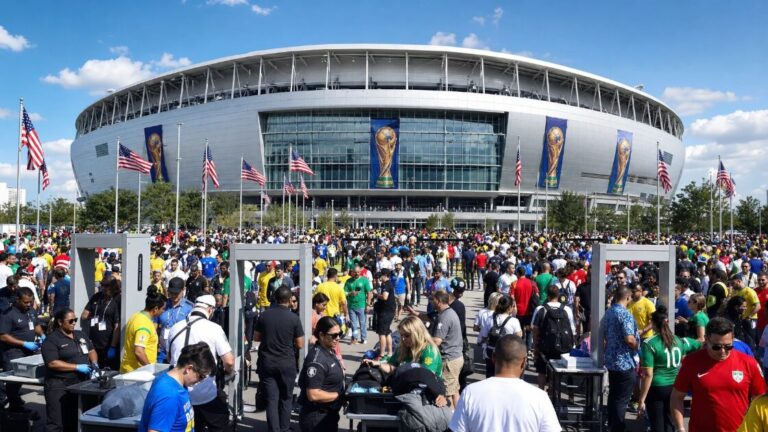 Fans in colorful jerseys lining up at metal detectors and bag-check tables outside a large stadium.