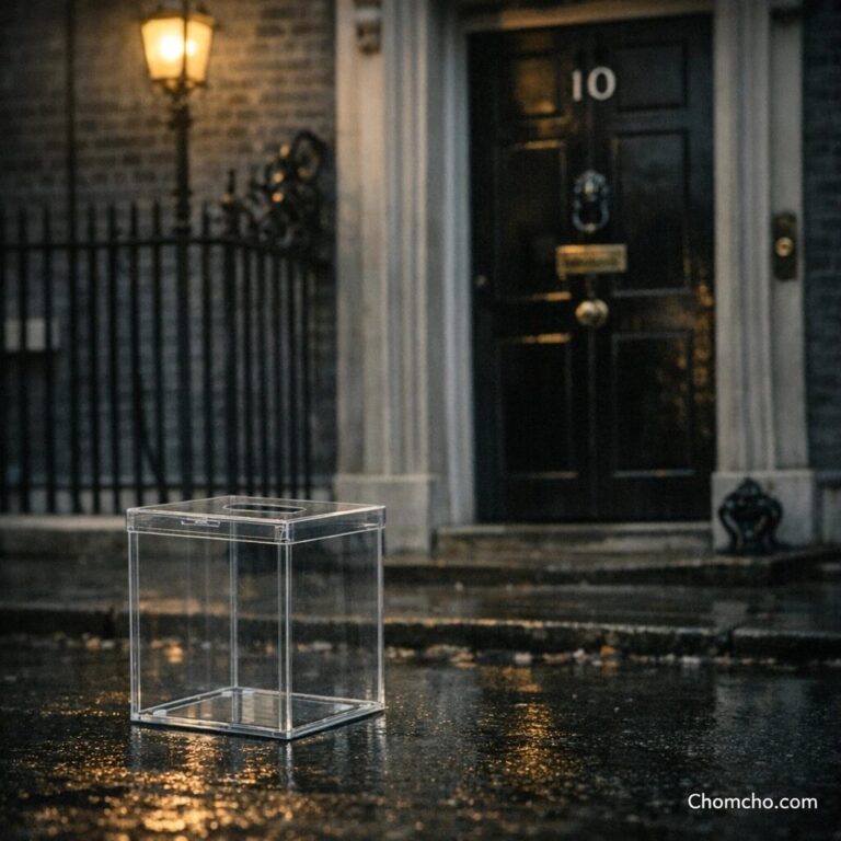 The black front door of 10 Downing Street with a police officer standing guard and an empty ballot box on the pavement.