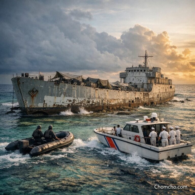 A Philippine navy inflatable boat alongside a Chinese coast guard vessel at Second Thomas Shoal, with the grounded BRP Sierra Madre behind.