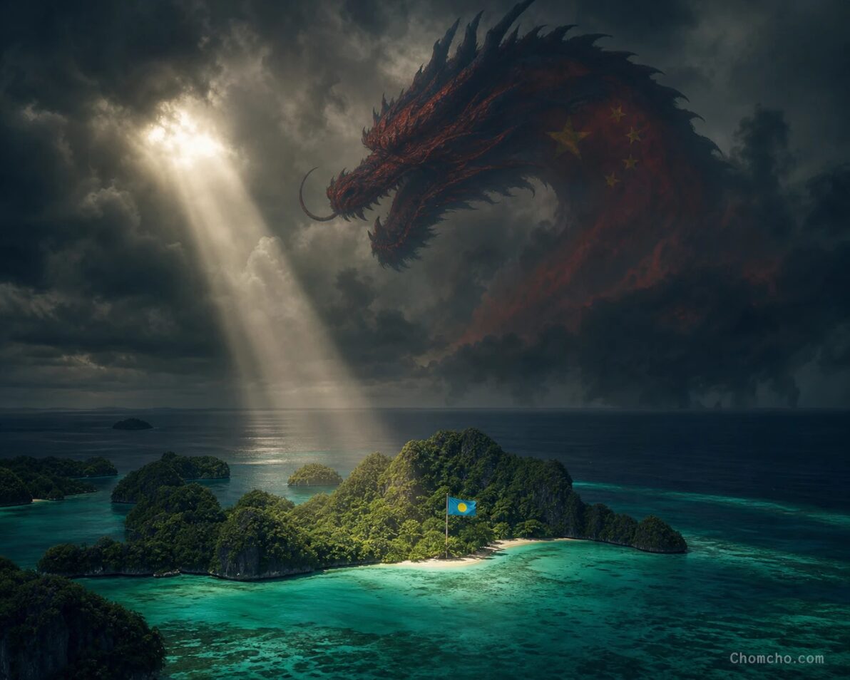 Illustration of a small Pacific island with a Palau flag facing a huge shadow of a Chinese warship on the horizon.