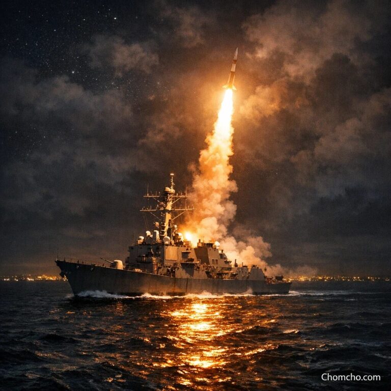 Explosions lighting up the night sky over an Iranian coastal city as missiles and air defenses fire during an American strike.