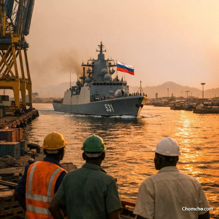 A Russian navy frigate moored at the quay of Port Sudan on the Red Sea, cranes and warehouses along the waterfront.