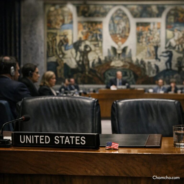 The horseshoe table of the UN Security Council with the United States seats empty while the French ambassador speaks.