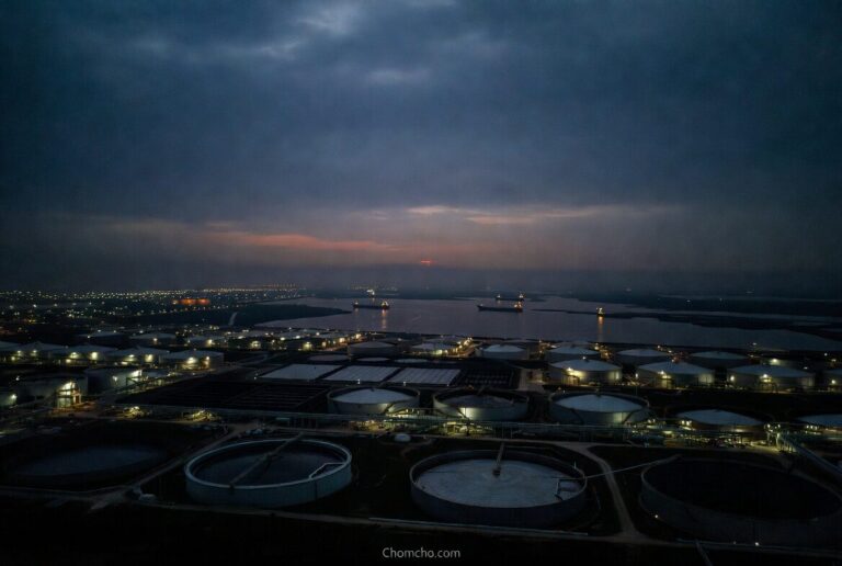 Rows of huge white crude oil storage tanks at a Chinese coastal terminal, seen from above at dusk.