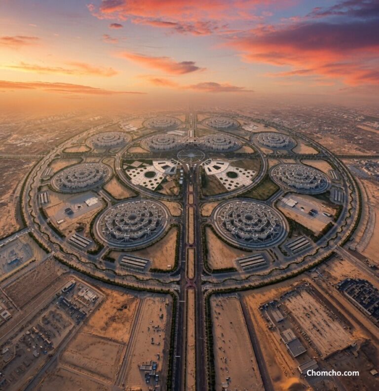 Aerial view of Egypt's new Octagon military headquarters, a cluster of eight-sided buildings rising from the desert east of Cairo.
