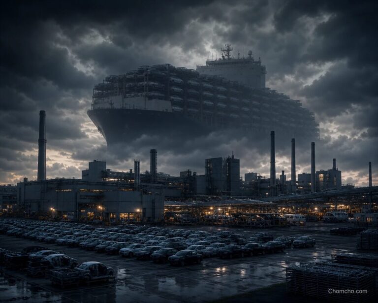 A German car factory at dusk under dark storm clouds, its assembly hall lights dimming as the sky darkens over the plant.