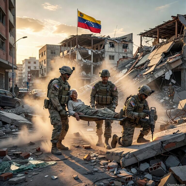 Soldiers carrying an elderly man on a stretcher through the dust and rubble of collapsed buildings, a Venezuelan flag flying above the ruins