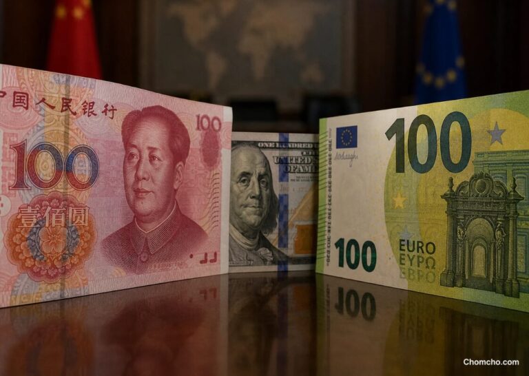 Chinese yuan banknotes stacked between euro and dollar bills, with a rising exchange rate chart in the background.