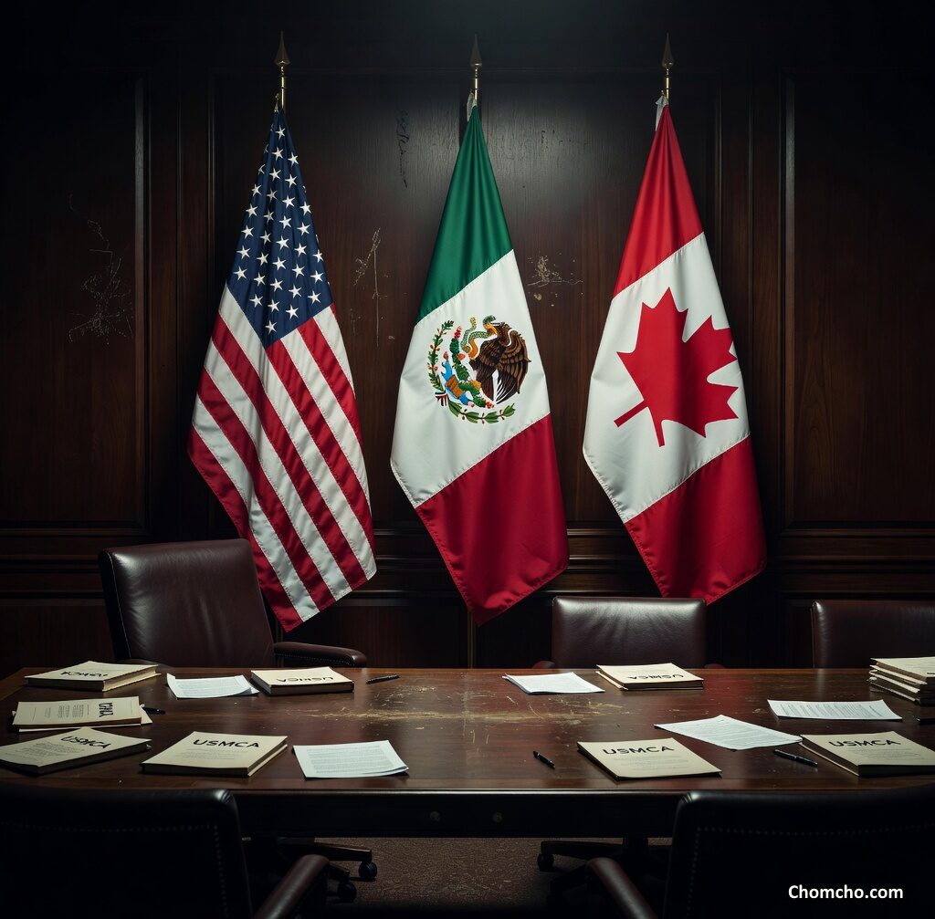 Empty negotiating table with scattered documents in front of the American, Mexican and Canadian flags in a dark wood-paneled room