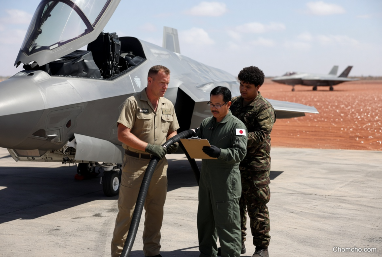Australian and Japanese air force personnel standing together in front of a fighter jet at an air base in northern Australia.