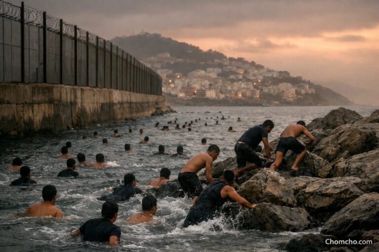 Dozens of young men swimming past the end of the Ceuta border fence where it meets the sea, the Moroccan shore behind them.