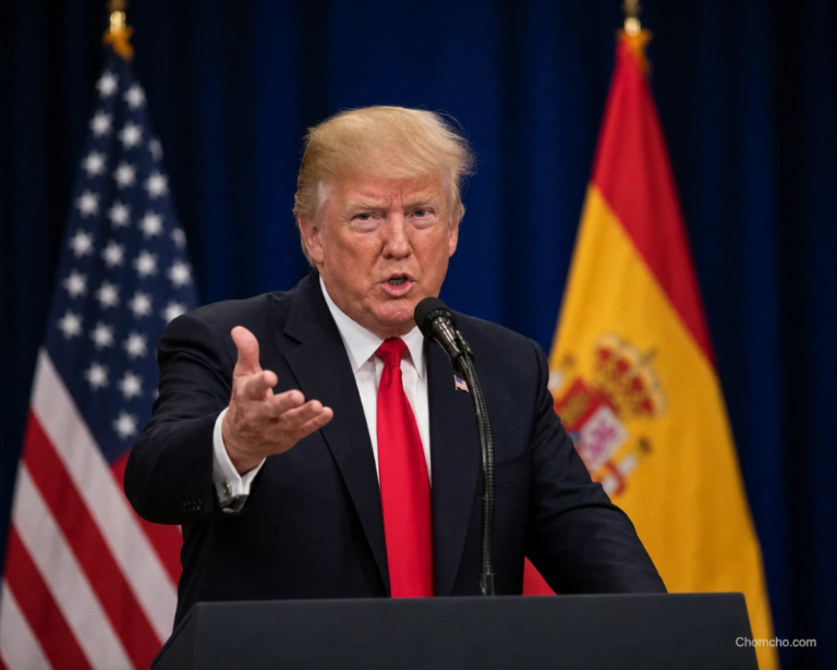 Donald Trump speaking during a televised interview, with the flag of Spain shown beside him.
