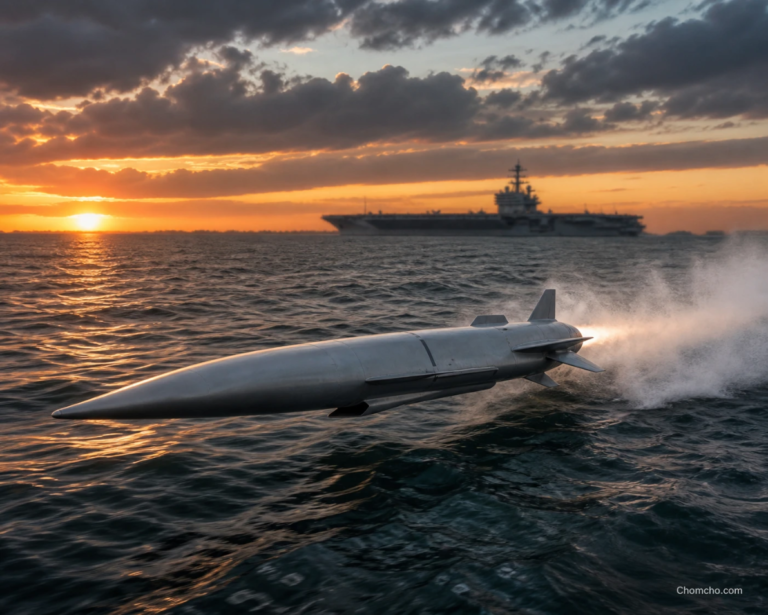 A supersonic cruise missile streaking low over the sea toward a warship on the horizon, leaving a trail of exhaust.